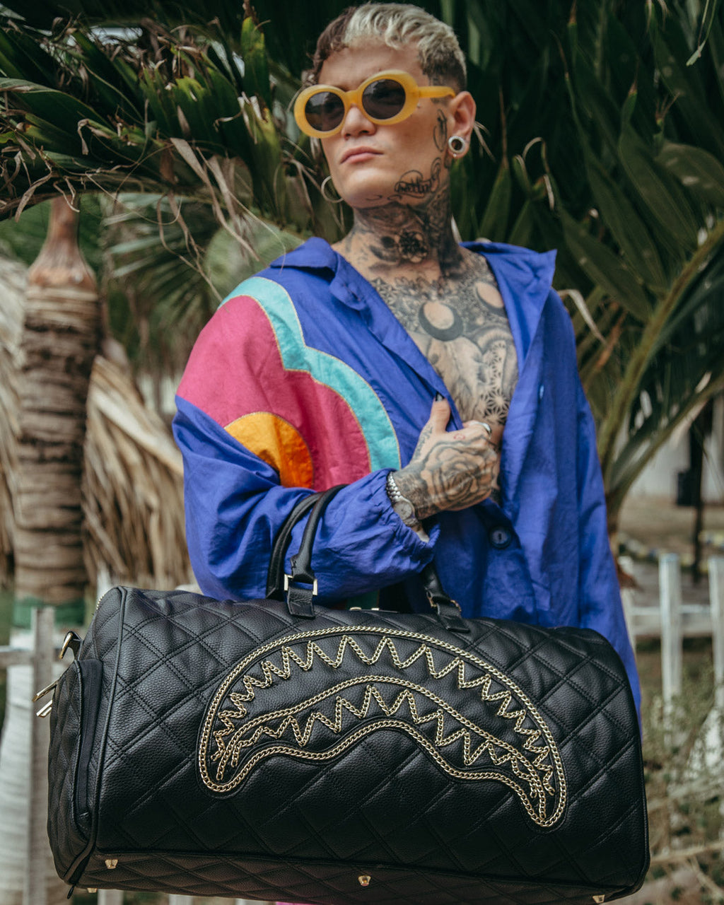 SPRAYGROUND Noir Quilt Gold Chain Shark Duffle — product image 2