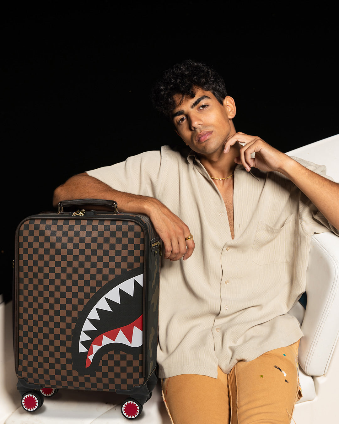SPRAYGROUND Exterior Gold Zip Pocket Sharks In Paris Jetsetter Carry-On Luggage — product image 2