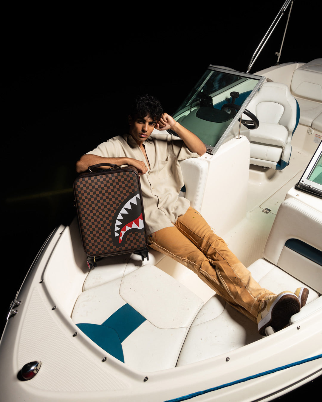 SPRAYGROUND Exterior Gold Zip Pocket Sharks In Paris Jetsetter Carry-On Luggage — product image 4
